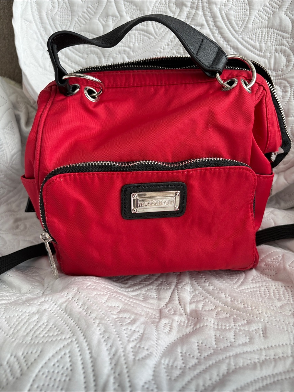Madden Girl Red Nylon backpack purse with Black Trim
